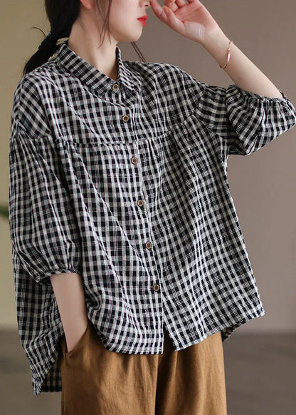 Black Peter Pan Collar Plaid Linen Shirt Half Sleeve