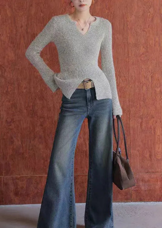 French V Neck Slim Fit Knitted Tops Spring