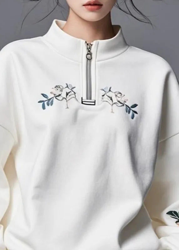 Diy White Stand Collar Zippered Patchwork Fall Sweatshirts Top