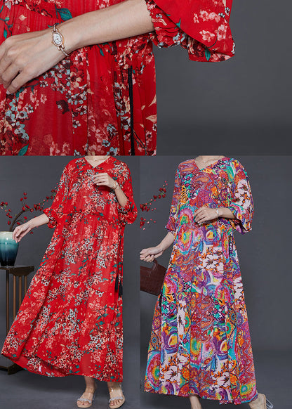 Red Cinched Print Chiffon Vacation Dresses Summer