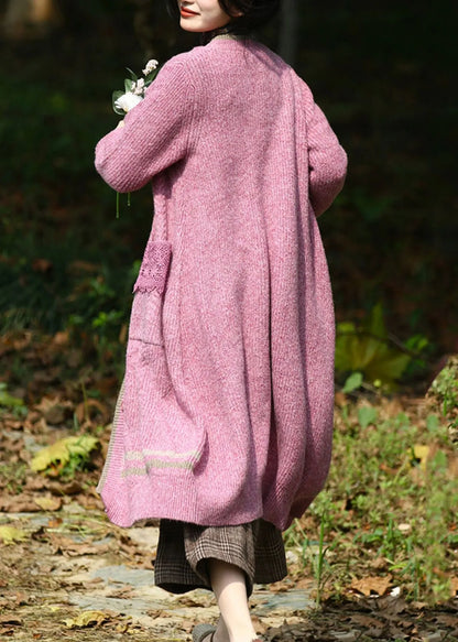 Classy Purple V Neck Button Patchwork Knitted Cotton Thread Long Cardigans Fall