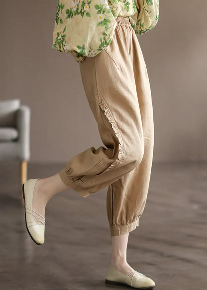 Pink Pockets Linen Crop Pants Elastic Waist