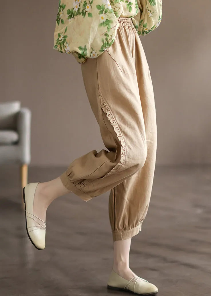 Pink Pockets Linen Crop Pants Elastic Waist