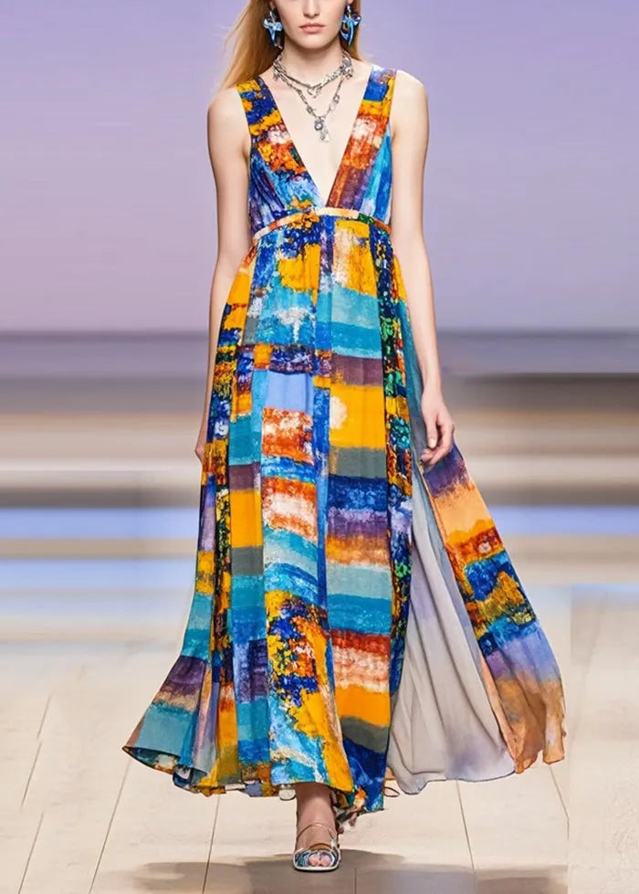 V Neck Print Chiffon Long Dress Sleeveless