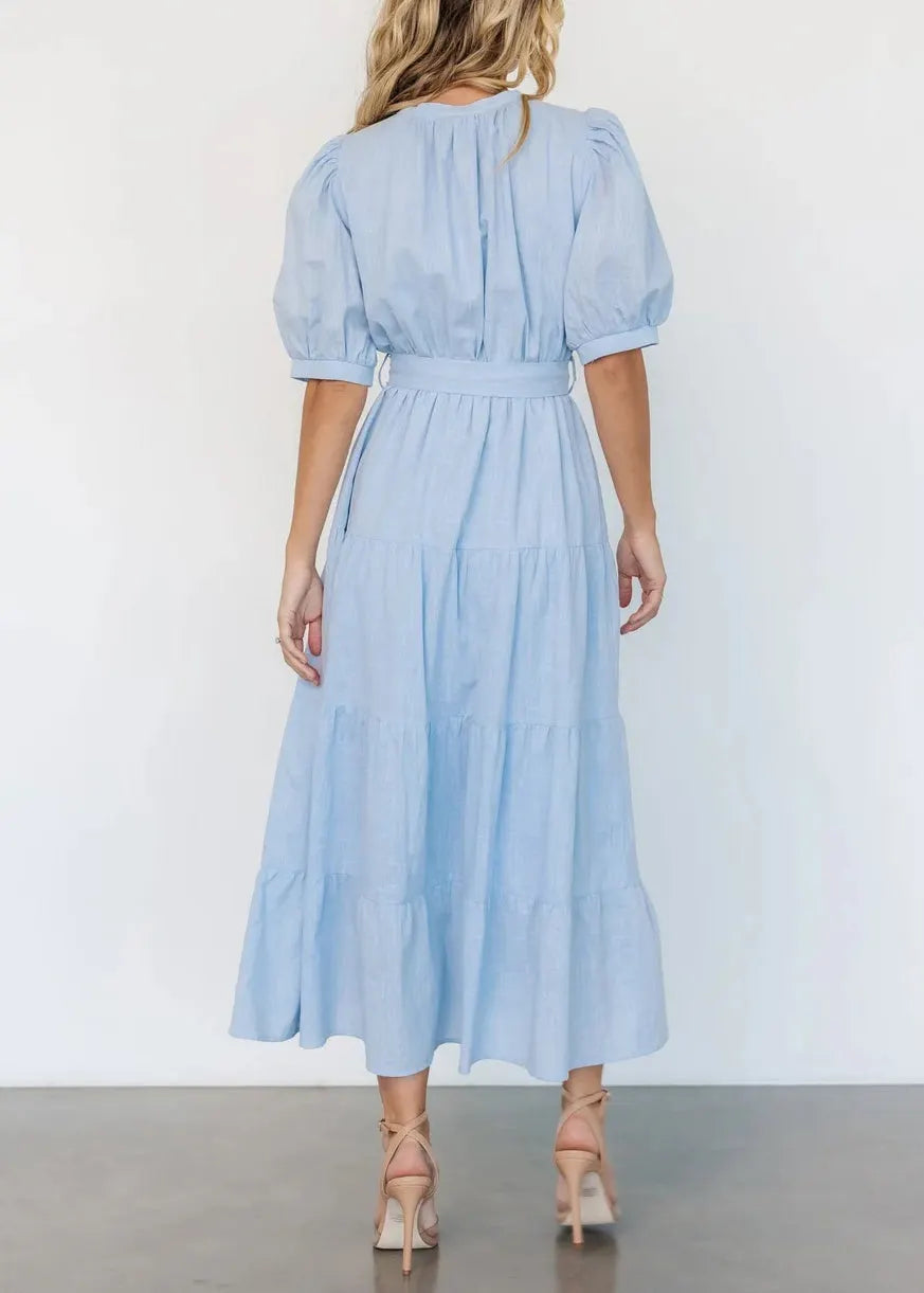Light Blue V Neck Pockets Cotton Long Dress Summer
