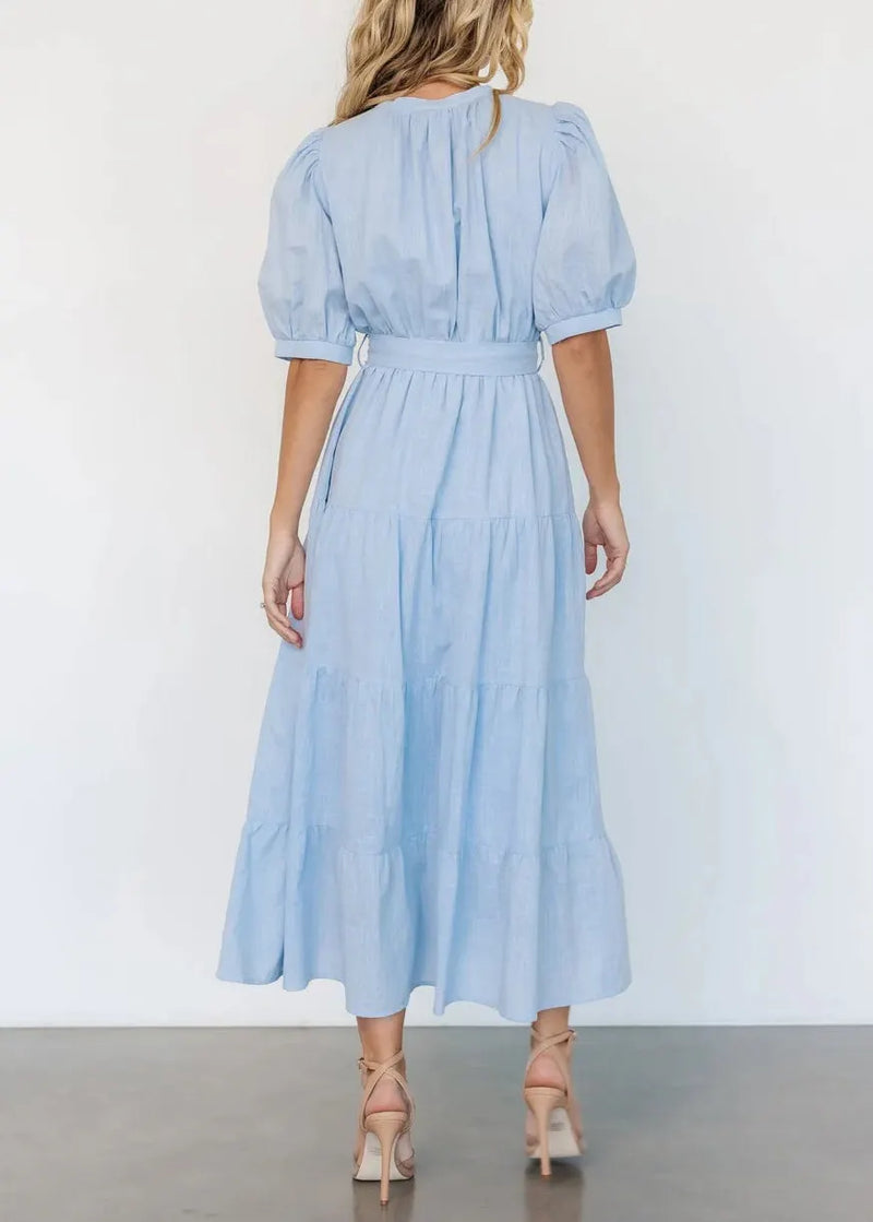 Light Blue V Neck Pockets Cotton Long Dress Summer