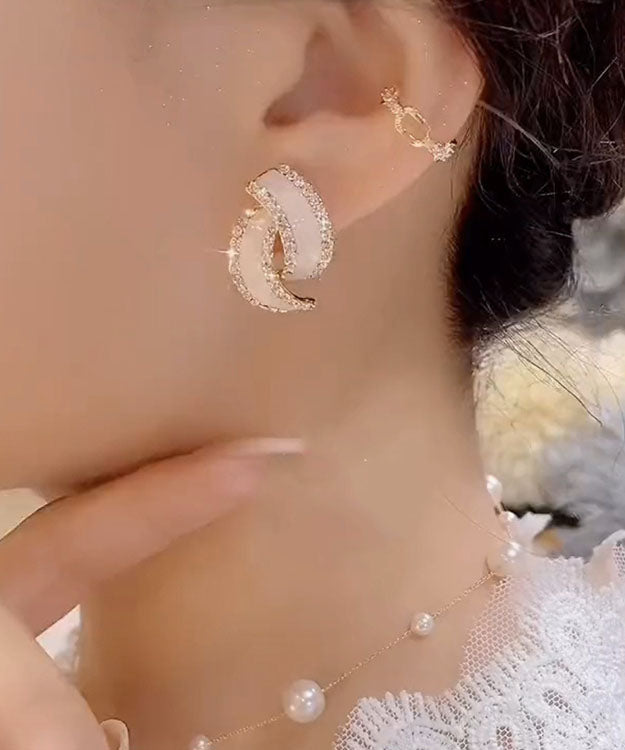 White Sterling Silver Zircon Geometric Double C Hoop Earrings
