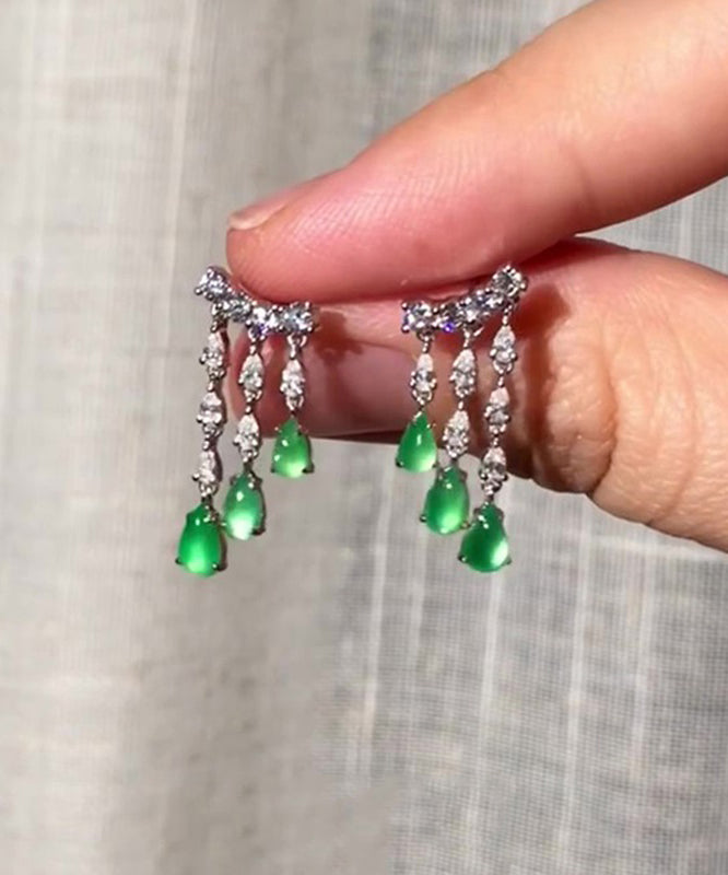 Green Sterling Silver Chalcedony Water Drop Tassel Drop Earrings