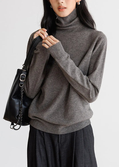 Simple Grey High Neck Knit Tops Spring