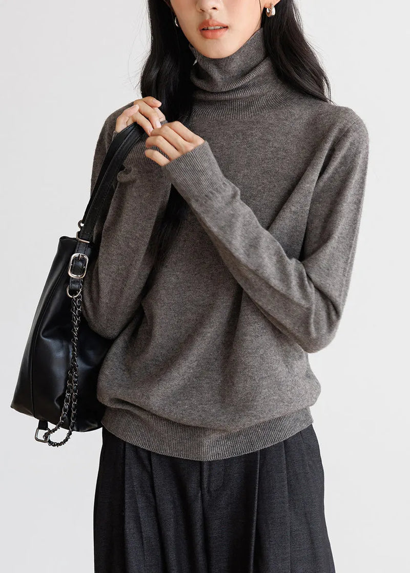 Simple Grey High Neck Knit Tops Spring