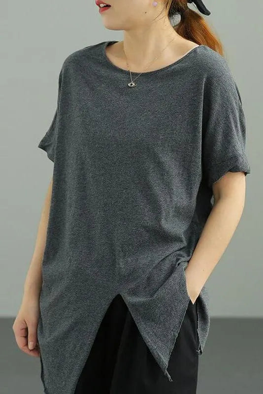 Pure Color O Neck Split Hem T-shirt