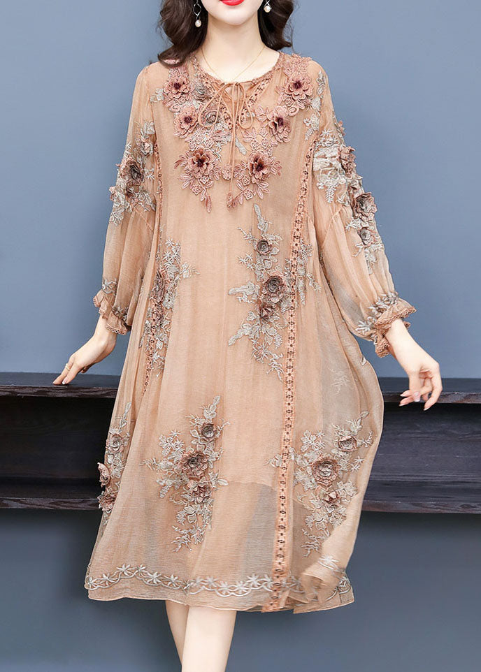Handmade Apricot V Neck Embroidered Silk Maxi Dress Long Sleeve