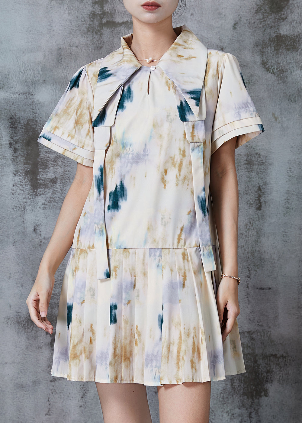 White Peter Pan Collar Tie Dye Cotton Pleated Dresses Summer