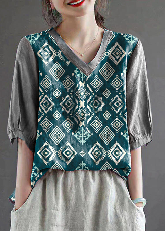 Green Geometry V Neck Embroidered T Shirt Half Sleeve