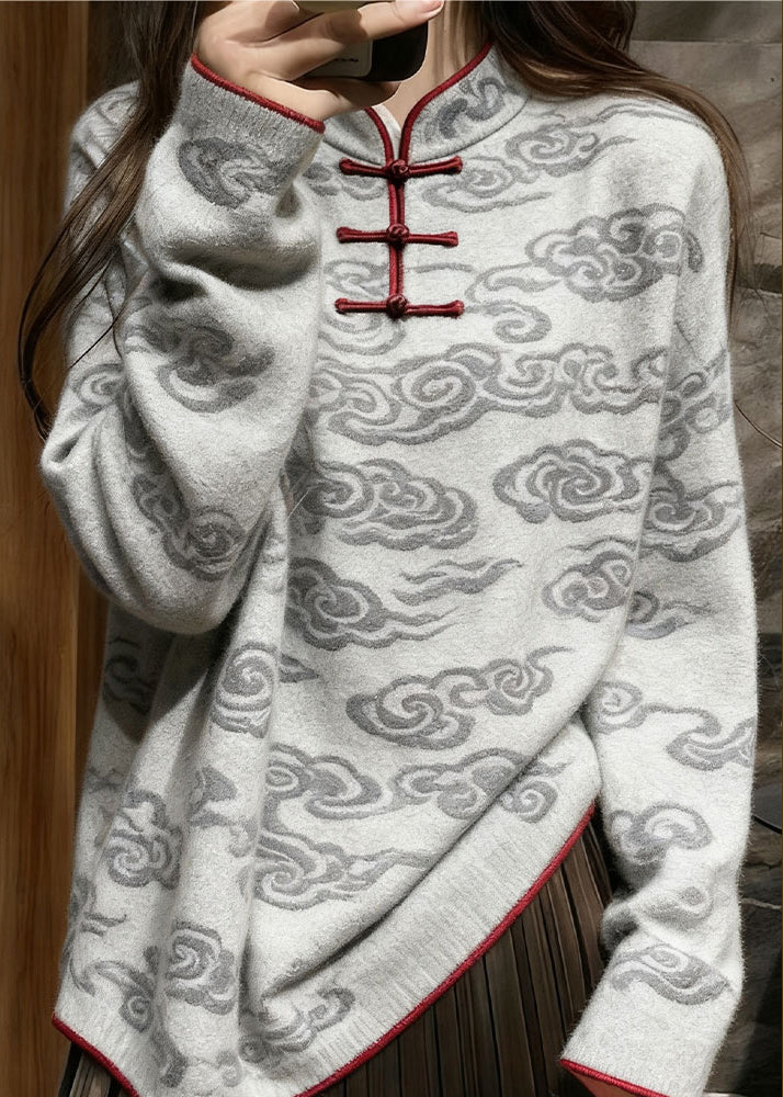 Grey Stand Collar Auspicious Clouds Knit Sweater Tops Winter
