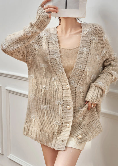 Unique Knit Cardigan Oatmeal Feather Zircon Cotton V Neck Spring