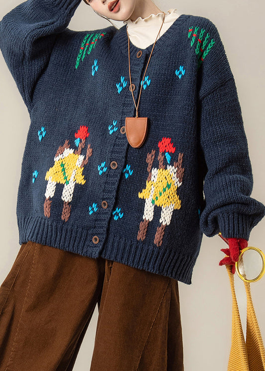 Loose Navy Embroidered Button Knit Coats Fall