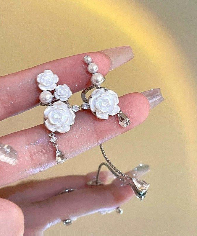 White Sterling Silver Asymmetrical Rose Tassel Drop Earrings