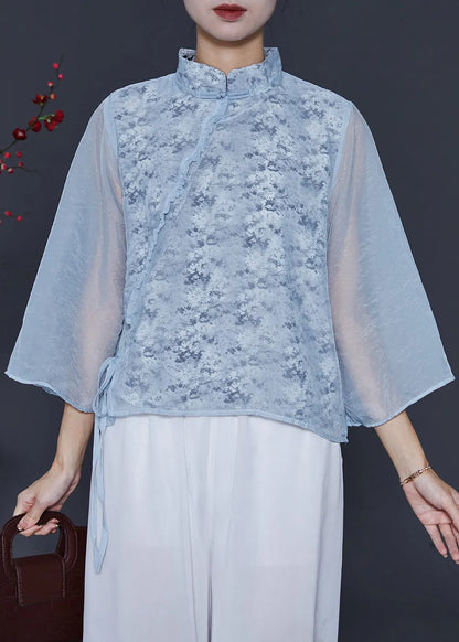Sky Blue Mandarin Collar Print Chiffon Shirt Top Spring