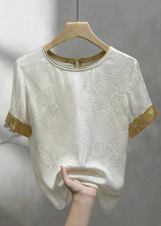 Jacquard Beige O Neck Button Patchwork Silk Shirt Summer