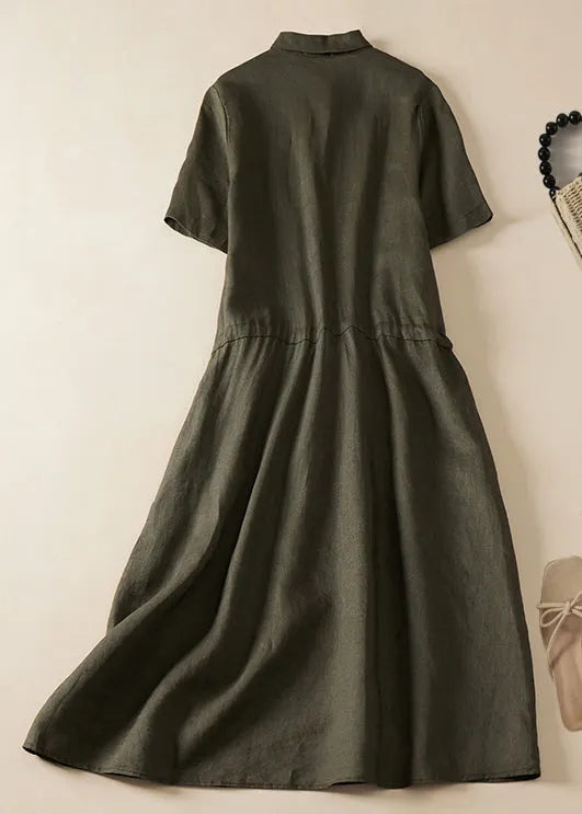 Army Green Lace Up Button Linen Dress Summer