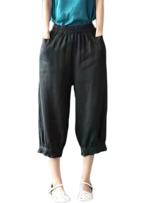 Black Pockets Elastic Waist Linen Crop Pants Summer