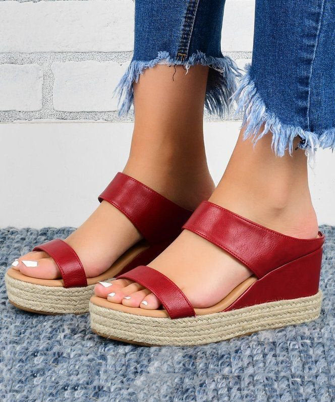 White Wedge Faux Leather Boutique Slide Sandals Peep Toe