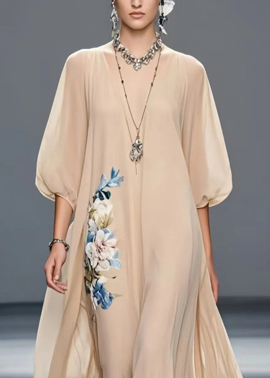 Art Khaki Oversized Chiffon Holiday Dress Summer
