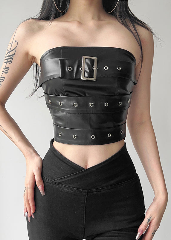 Black Backless Faux Leather Short Strapless Top