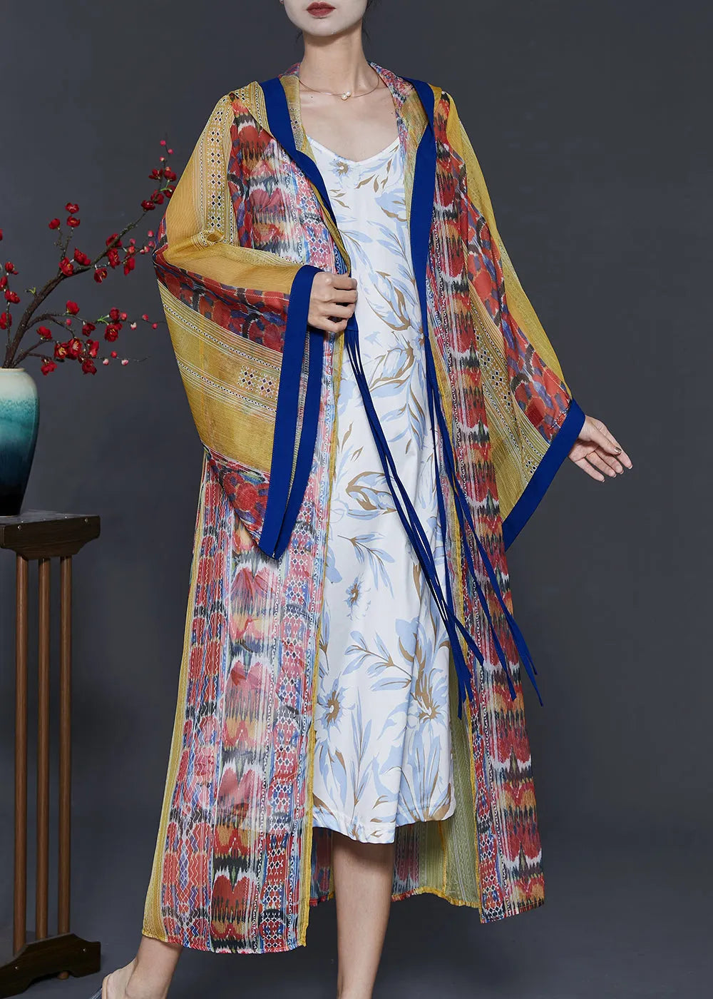 Yellow Hooded Print Chiffon Upf 50+ Cardigan Summer