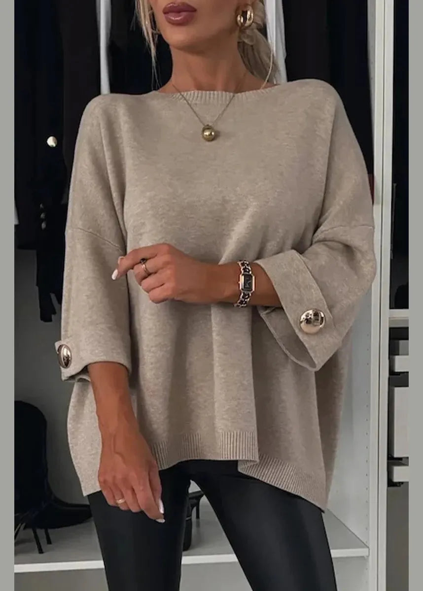 New Grey O Neck Thick Knit Sweater Tops Bracelet Sleeve