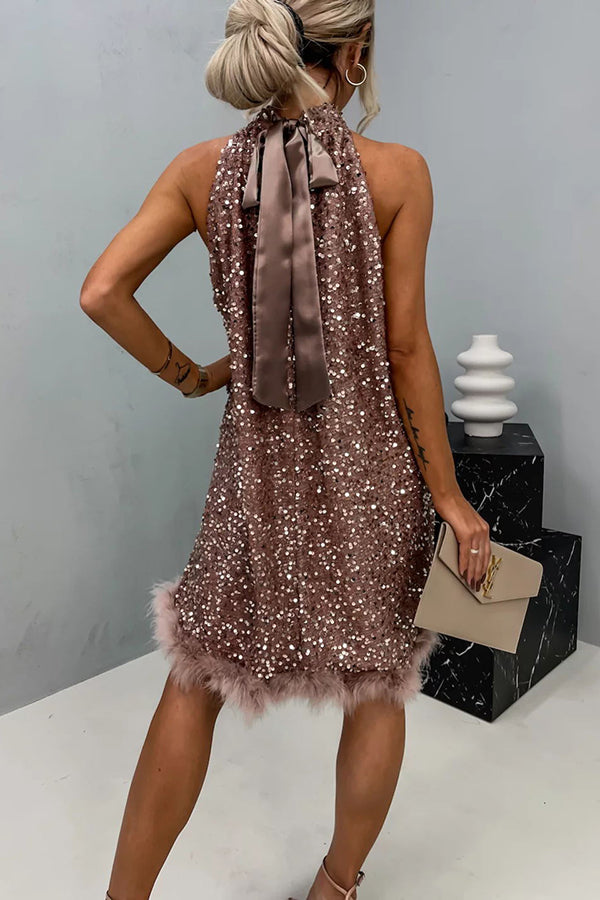 It's Time to Dance Sequin Feather Trim Halter Babydoll Mini Dress