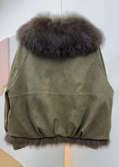 Loose Army Green Fur Collar Patchwork Fine Cotton Winter Coats Winter