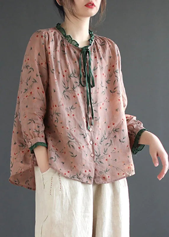Neck Tie Ruffled Print Low High Design Linen Shirt Long Sleeve