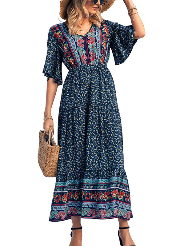 Black V Neck Print Wrinkled Cotton Dresses Summer