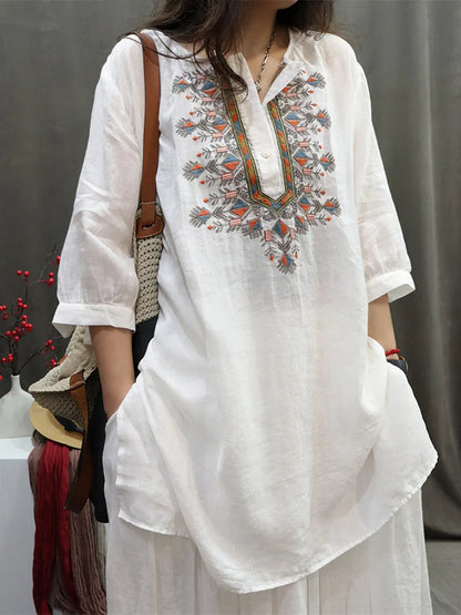 Summer Retro Embroidery O-neck Ramie Shirt