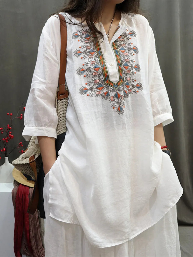 Summer Retro Embroidery O-neck Ramie Shirt