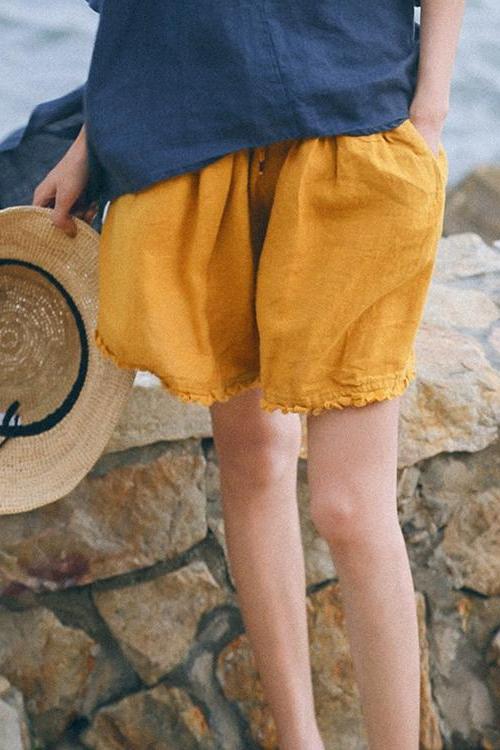 Loose Green and Yellow Linen Shorts Summer Trousers