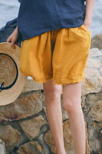 Loose Green and Yellow Linen Shorts Summer Trousers