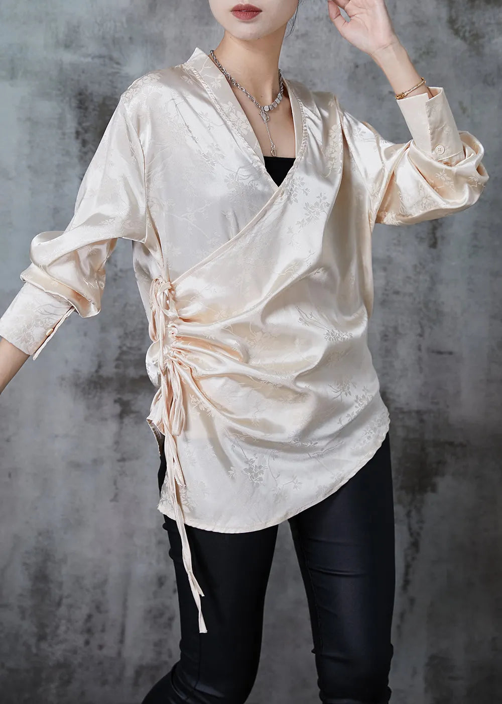 Champagne Jacquard Asymmetrical Design Silk Shirt Tops Fall