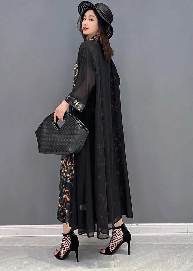 Black V Neck Print Silk Long Dress and Tulle Long Cardigan Two Pieces Set Summer