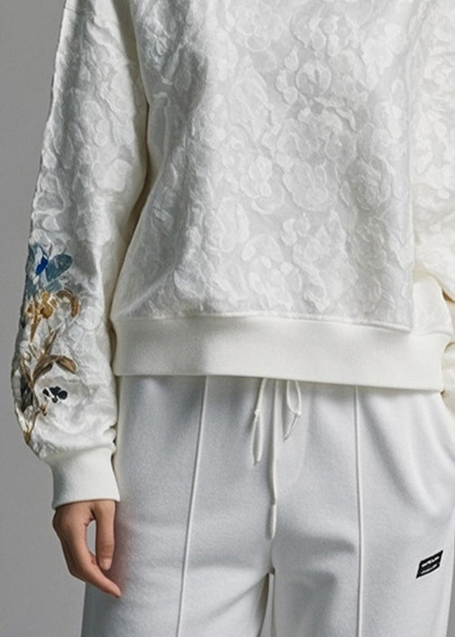 Jacquard White O Neck Cotton Sweatshirt Fall