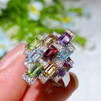 Adjustable S925 Crystal Healing Ring With Multi Gemstones