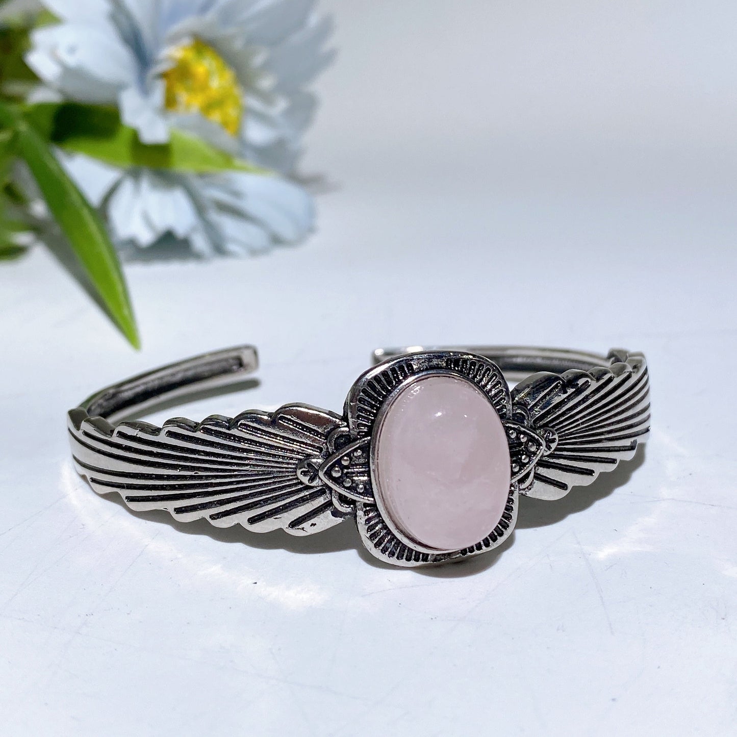 Adjustable Silver Crystal Bangle With Healing Gemstones