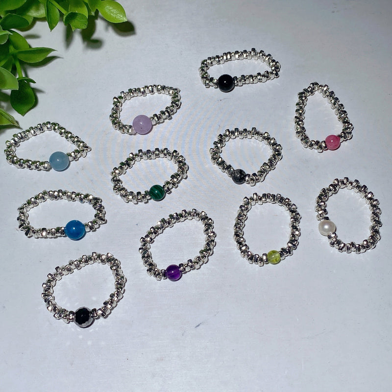 Adjustable Silver Crystal Healing Ring With Gemstone Chips