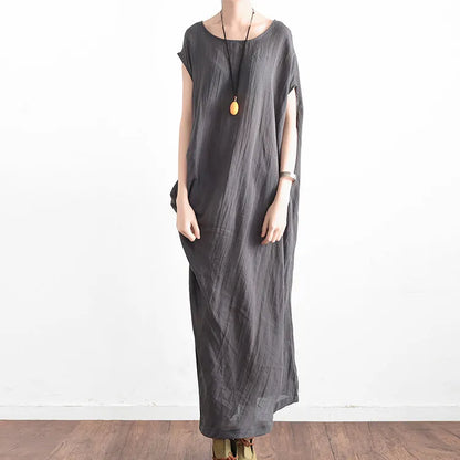 Gray Oversized Summer Linen Dresses Side Drape Asymmetrical Cotton