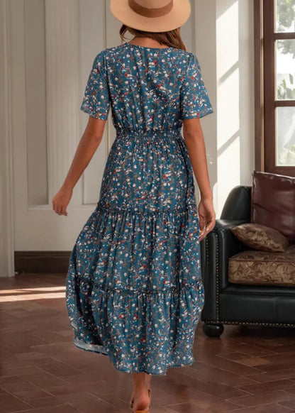 Loose Blue V Neck Print High Waist Cotton Long Dress Summer
