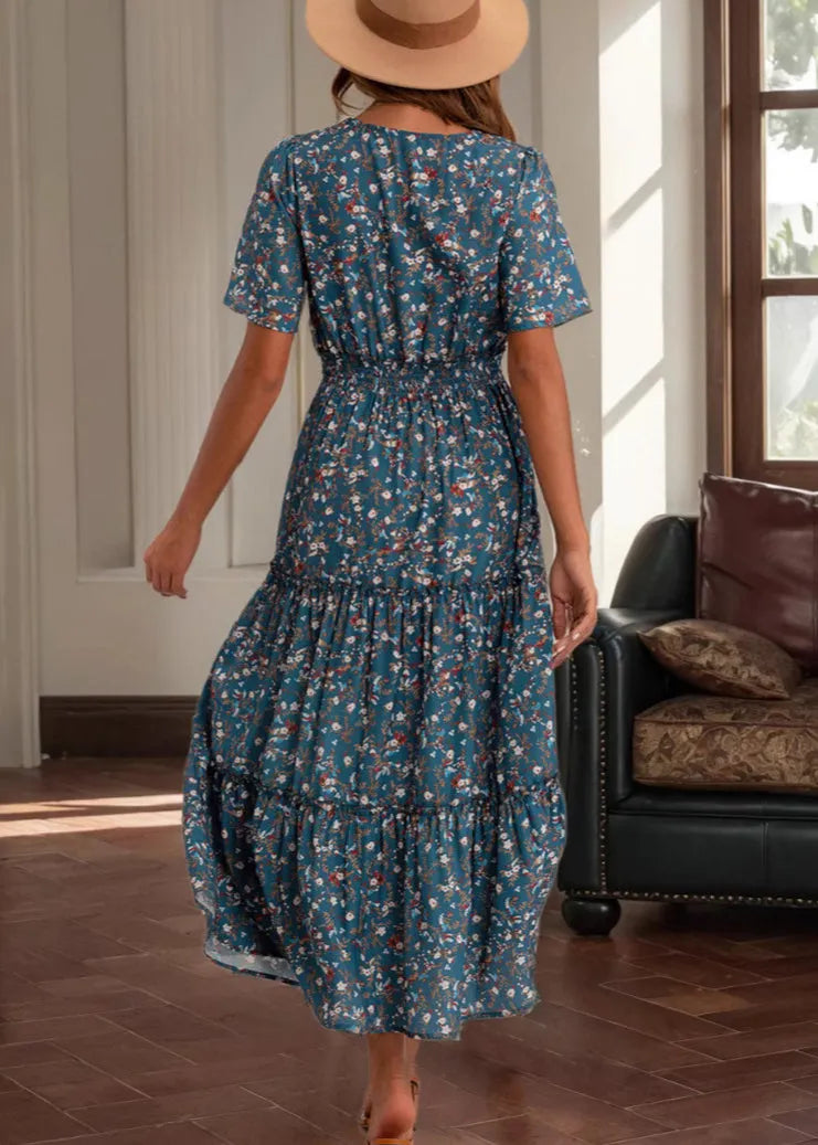 Loose Blue V Neck Print High Waist Cotton Long Dress Summer