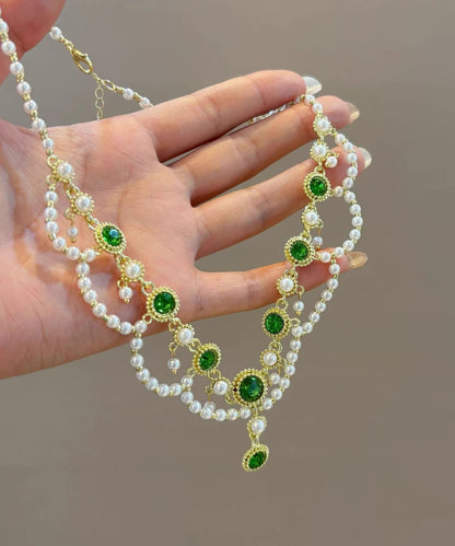 Green Alloy Crystal Pearl Lace Double-layer Pendant Necklace