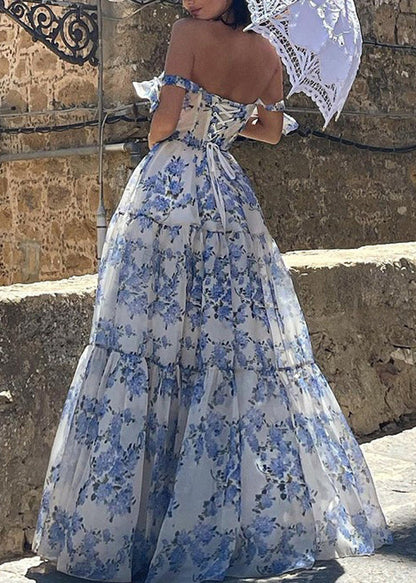 Blue Cold Shoulder Print Patchwork Organza Maxi Dresses Summer